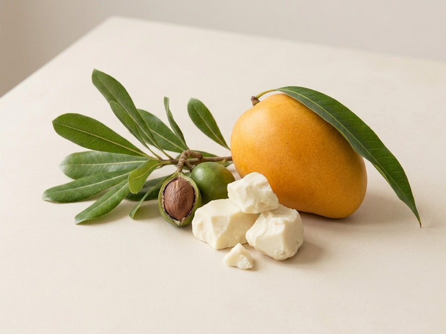 Shea fruit, a ripe mango and chunks of raw botanical butter